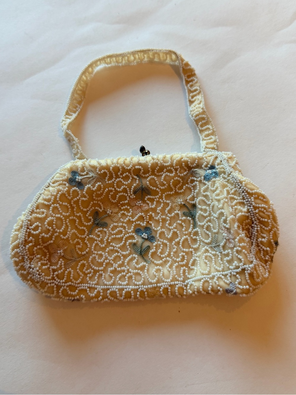Vintage Made in Belgium Hand Beaded Floral Evening Bag Ivory Seed Bead Purse